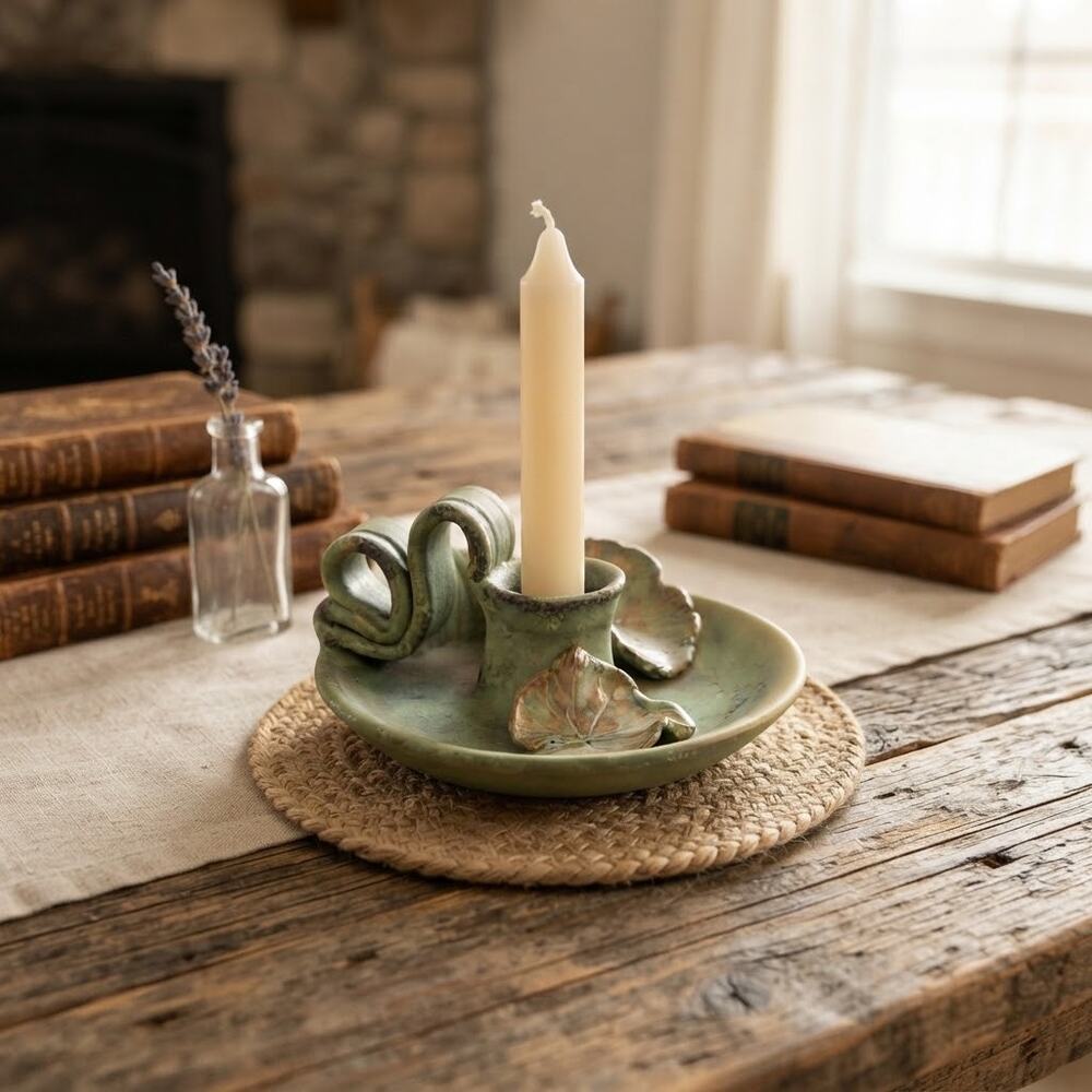 Art Studio Handmade Pottery Signed Elaine Handheld candle holder